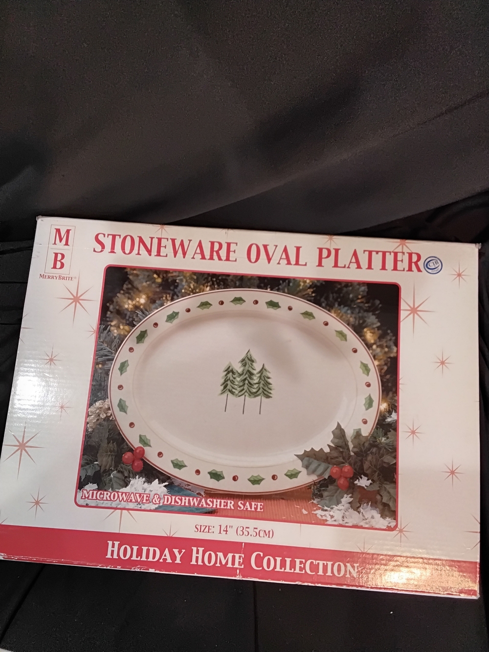 Merry Brite Stoneware Oval Platter - White with Green Holly & Trees
